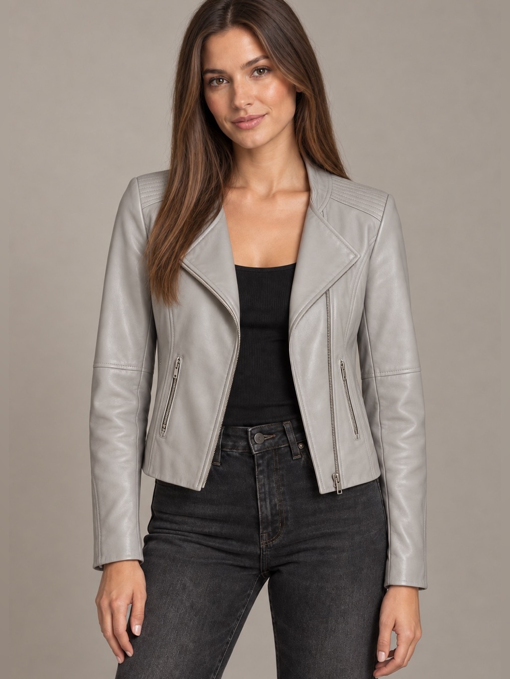 Reiss Jenn Leather Jacket Biker Moto Size XS Grey